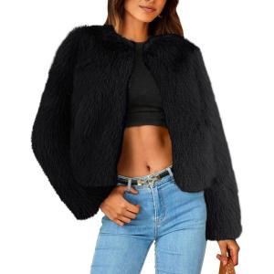 imageSimplee Womens Faux Fur Coat Furry Cropped Jacket Long Sleeve Warm Open Front Fur JacketsBlack