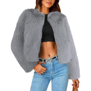 imageSimplee Womens Faux Fur Coat Furry Cropped Jacket Long Sleeve Warm Open Front Fur JacketsGrey