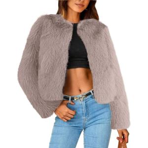 imageSimplee Womens Faux Fur Coat Furry Cropped Jacket Long Sleeve Warm Open Front Fur JacketsKhaki
