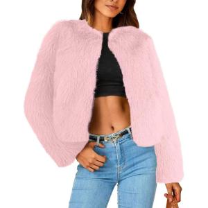 imageSimplee Womens Faux Fur Coat Furry Cropped Jacket Long Sleeve Warm Open Front Fur JacketsPink