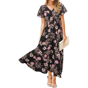 imageSimplee Womens Floral Maxi Dress Short Sleeve Summer Boho Wedding Guest Dress Empire Waist Chiffon Modest Midi DressesBlack 2