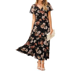 imageSimplee Womens Floral Maxi Dress Short Sleeve Summer Boho Wedding Guest Dress Empire Waist Chiffon Modest Midi DressesBlack 3