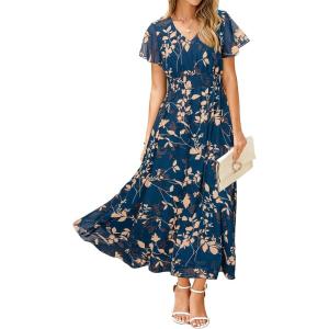 imageSimplee Womens Floral Maxi Dress Short Sleeve Summer Boho Wedding Guest Dress Empire Waist Chiffon Modest Midi DressesBlue Green