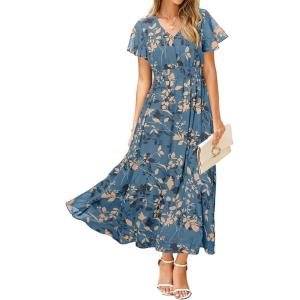 imageSimplee Womens Floral Maxi Dress Short Sleeve Summer Boho Wedding Guest Dress Empire Waist Chiffon Modest Midi DressesDusty Blue