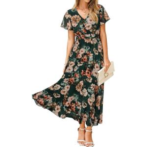 imageSimplee Womens Floral Maxi Dress Short Sleeve Summer Boho Wedding Guest Dress Empire Waist Chiffon Modest Midi DressesEmerald Green