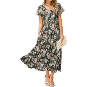 imageSimplee Womens Floral Maxi Dress Short Sleeve Summer Boho Wedding Guest Dress Empire Waist Chiffon Modest Midi DressesGreen 2