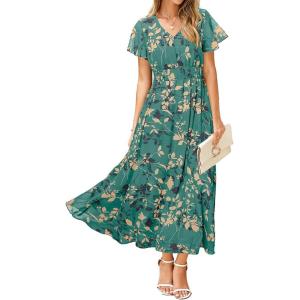 imageSimplee Womens Floral Maxi Dress Short Sleeve Summer Boho Wedding Guest Dress Empire Waist Chiffon Modest Midi DressesLake Blue