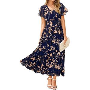 imageSimplee Womens Floral Maxi Dress Short Sleeve Summer Boho Wedding Guest Dress Empire Waist Chiffon Modest Midi DressesNavy Blue 2