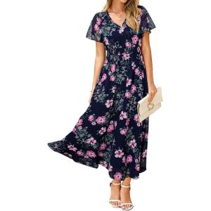 imageSimplee Womens Floral Maxi Dress Short Sleeve Summer Boho Wedding Guest Dress Empire Waist Chiffon Modest Midi DressesNavy Blue