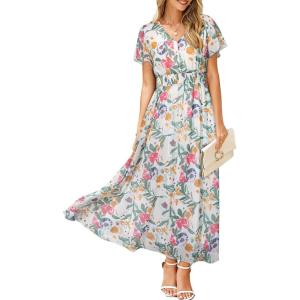 imageSimplee Womens Floral Maxi Dress Short Sleeve Summer Boho Wedding Guest Dress Empire Waist Chiffon Modest Midi DressesWhite 1