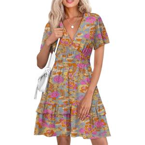 imageSimplee Womens Floral Short Summer Dress  Empire Waist A Line Flutter Sleeve V Neck Boho Mini Dresses with PocketsFloralblue