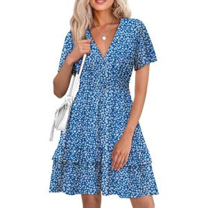 imageSimplee Womens Floral Short Summer Dress  Empire Waist A Line Flutter Sleeve V Neck Boho Mini Dresses with PocketsFloraldark Blue