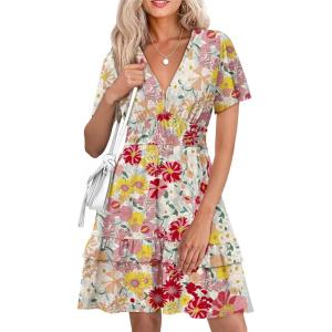 imageSimplee Womens Floral Short Summer Dress  Empire Waist A Line Flutter Sleeve V Neck Boho Mini Dresses with PocketsFloralwhite