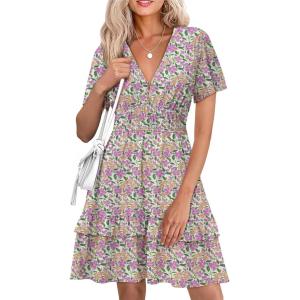 imageSimplee Womens Floral Short Summer Dress  Empire Waist A Line Flutter Sleeve V Neck Boho Mini Dresses with PocketsPurple Floral