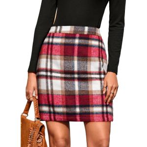 imageSimplee Womens High Waist Faux Suede Mini Bodycon SkirtAred Plaid