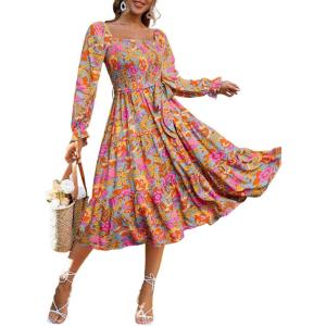 imageSimplee Womens Long Sleeve Maxi Dress Casual Square Neck Smocked Flowy Fall Wedding Guest DressesFloral1