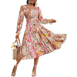 imageSimplee Womens Long Sleeve Maxi Dress Casual Square Neck Smocked Flowy Fall Wedding Guest DressesFloral2