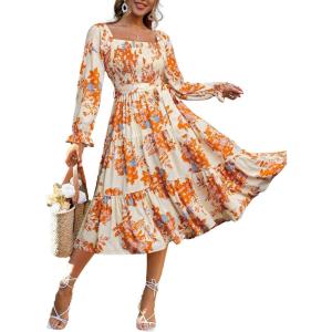 imageSimplee Womens Long Sleeve Maxi Dress Casual Square Neck Smocked Flowy Fall Wedding Guest DressesFloral3