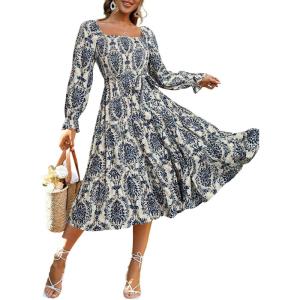imageSimplee Womens Long Sleeve Maxi Dress Casual Square Neck Smocked Flowy Fall Wedding Guest DressesFloral4