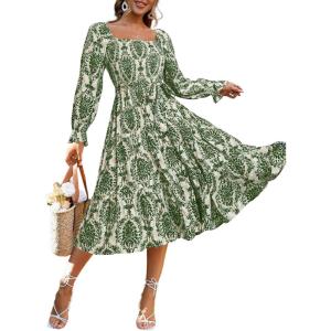 imageSimplee Womens Long Sleeve Maxi Dress Casual Square Neck Smocked Flowy Fall Wedding Guest DressesFloral5
