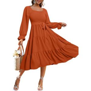 imageSimplee Womens Long Sleeve Maxi Dress Casual Square Neck Smocked Flowy Fall Wedding Guest DressesSolid2