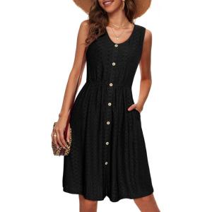 imageSimplee Womens Sleeveless Sundress Summer Casual Eyelet Button Down Short Dress Flowy Beach Tank Mini Dress with PocketBlack