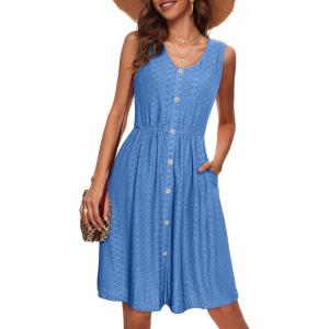 imageSimplee Womens Sleeveless Sundress Summer Casual Eyelet Button Down Short Dress Flowy Beach Tank Mini Dress with PocketBlue