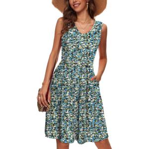 imageSimplee Womens Sleeveless Sundress Summer Casual Eyelet Button Down Short Dress Flowy Beach Tank Mini Dress with PocketBlue Floral Unlined