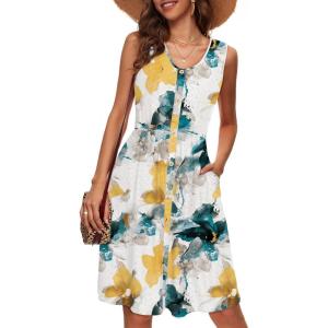 imageSimplee Womens Sleeveless Sundress Summer Casual Eyelet Button Down Short Dress Flowy Beach Tank Mini Dress with PocketBlue Yellow Floral Unlined