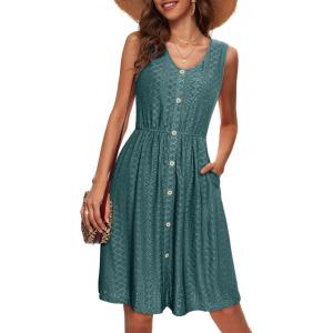 imageSimplee Womens Sleeveless Sundress Summer Casual Eyelet Button Down Short Dress Flowy Beach Tank Mini Dress with PocketDark Green