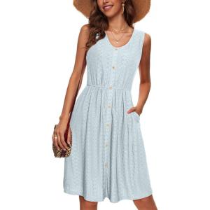 imageSimplee Womens Sleeveless Sundress Summer Casual Eyelet Button Down Short Dress Flowy Beach Tank Mini Dress with PocketLight Blue