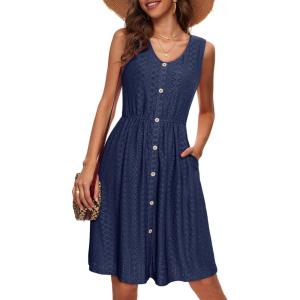 imageSimplee Womens Sleeveless Sundress Summer Casual Eyelet Button Down Short Dress Flowy Beach Tank Mini Dress with PocketNavy Blue