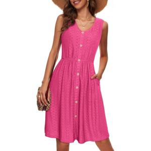 imageSimplee Womens Sleeveless Sundress Summer Casual Eyelet Button Down Short Dress Flowy Beach Tank Mini Dress with PocketRose Pink