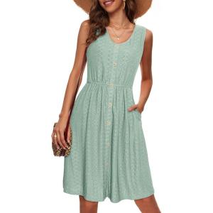 imageSimplee Womens Sleeveless Sundress Summer Casual Eyelet Button Down Short Dress Flowy Beach Tank Mini Dress with PocketSage Green