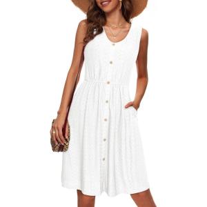 imageSimplee Womens Sleeveless Sundress Summer Casual Eyelet Button Down Short Dress Flowy Beach Tank Mini Dress with PocketWhite