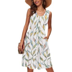 imageSimplee Womens Sleeveless Sundress Summer Casual Eyelet Button Down Short Dress Flowy Beach Tank Mini Dress with PocketWhite Colorful Leaf Unlined