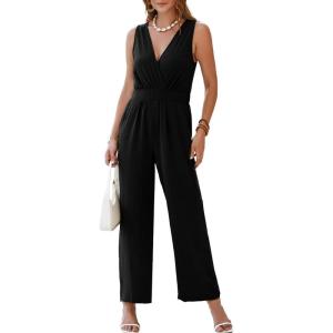 imageSimplee Womens Sleeveless Wide Leg Jumpsuits Dressy Casual V Neck Wrap Formal Jumpsuits Summer Outfits 2024 One Piece Romper