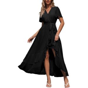 imageSimplee Womens Solid Chiffon Wrap Formal Maxi Ruffle Split Dress Flowy Bridesmaid Wedding Party Evening Dress with BeltRuffleblack