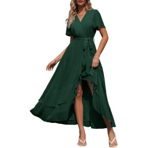 imageSimplee Womens Solid Chiffon Wrap Formal Maxi Ruffle Split Dress Flowy Bridesmaid Wedding Party Evening Dress with BeltRuffledark Green