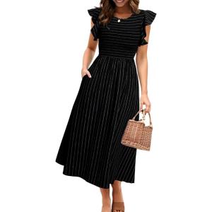 imageSimplee Womens Striped Midi Summer Dress Smocked Flutter Short Sleeve Dress 2025 Flowy Casual Dress with PocketsBlack
