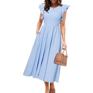 imageSimplee Womens Striped Midi Summer Dress Smocked Flutter Short Sleeve Dress 2025 Flowy Casual Dress with PocketsBlue