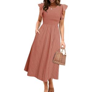 imageSimplee Womens Striped Midi Summer Dress Smocked Flutter Short Sleeve Dress 2025 Flowy Casual Dress with PocketsBrick Red
