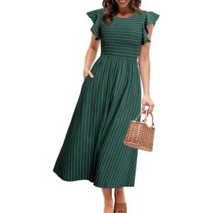 imageSimplee Womens Striped Midi Summer Dress Smocked Flutter Short Sleeve Dress 2025 Flowy Casual Dress with PocketsDark Green