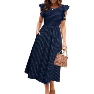 imageSimplee Womens Striped Midi Summer Dress Smocked Flutter Short Sleeve Dress 2025 Flowy Casual Dress with PocketsNavy Blue