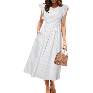 imageSimplee Womens Striped Midi Summer Dress Smocked Flutter Short Sleeve Dress 2025 Flowy Casual Dress with PocketsWhite
