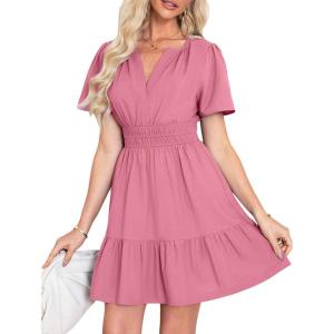 imageSimplee Womens Summer Beach Wedding Linen Mini Dress Casual Short Sleeve V Neck Empire Waist Flowy Boho SundressHot Pink