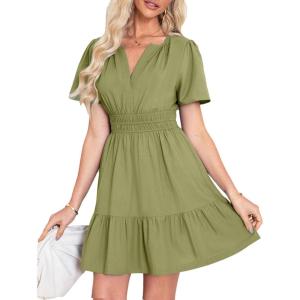 imageSimplee Womens Summer Beach Wedding Linen Mini Dress Casual Short Sleeve V Neck Empire Waist Flowy Boho SundressOlive Green
