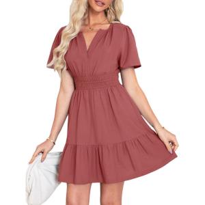 imageSimplee Womens Summer Beach Wedding Linen Mini Dress Casual Short Sleeve V Neck Empire Waist Flowy Boho SundressRust