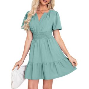 imageSimplee Womens Summer Beach Wedding Linen Mini Dress Casual Short Sleeve V Neck Empire Waist Flowy Boho SundressSage Green