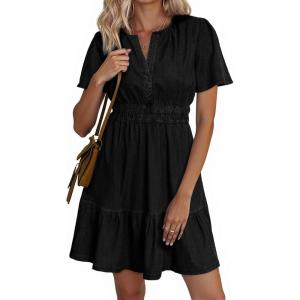 imageSimplee Womens Summer Denim Dress Casual Short Sleeve Mini Dress Boho Beach Flowy Tiered Short Jean Dresses with PocketsDenim Black